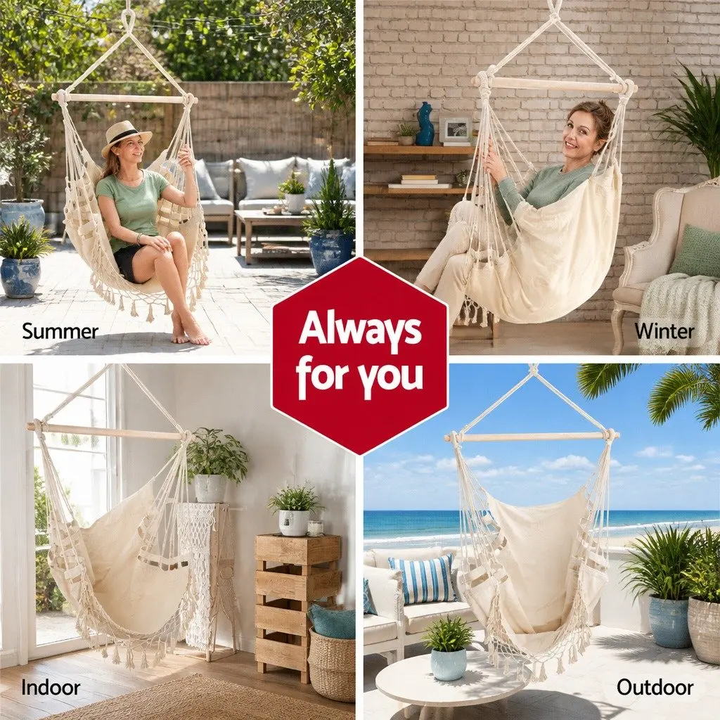 Hammock Chair Outdoor Swing Relaxation Seat Cream 150 x 90cm