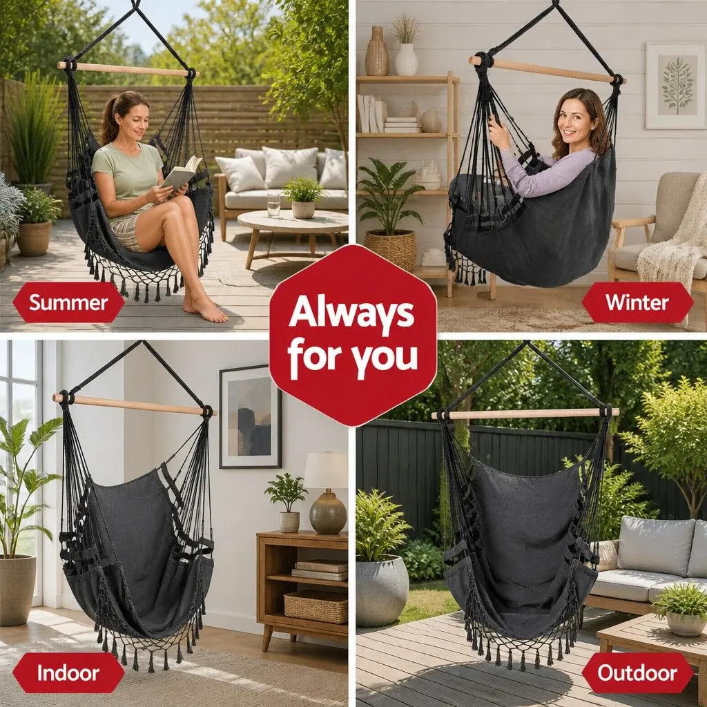 Hammock Chair Outdoor Swing Durable Polyester Cotton Blend Grey 150 x 90cm