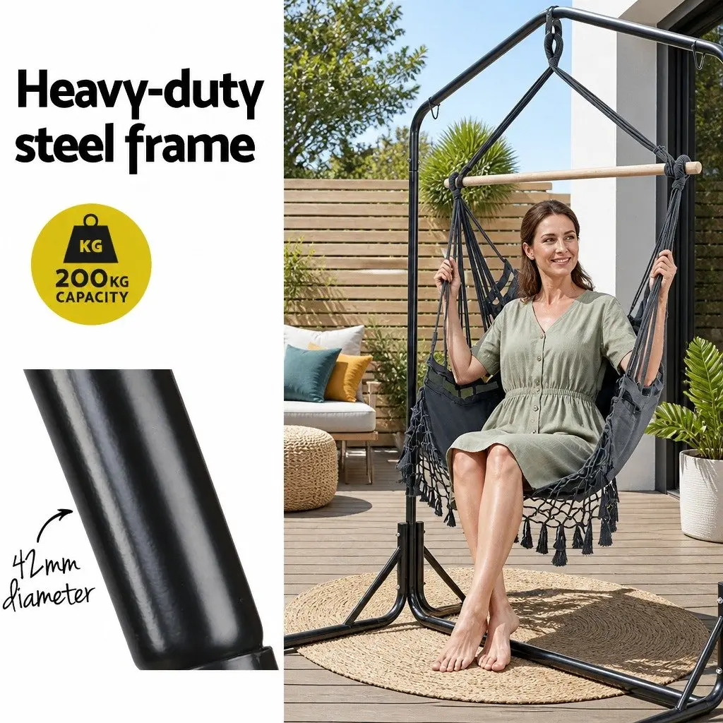 Outdoor Hammock Chair with Stand Grey Hanging Rope Tassel Relaxation Furniture