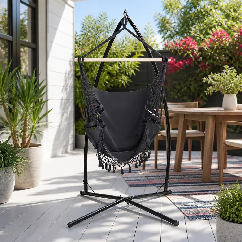 Hammock Chair with Steel Stand Outdoor Grey 150 x 90cm