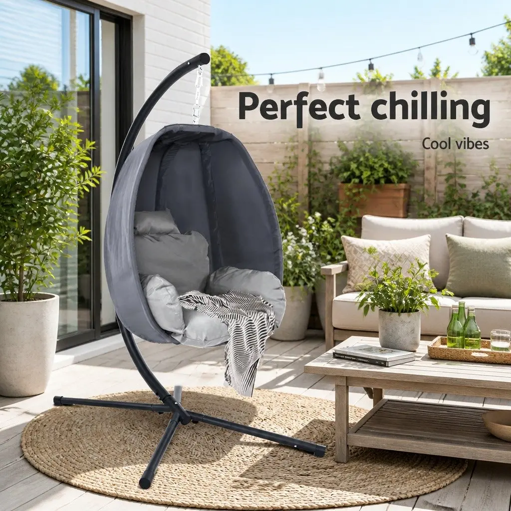 Hanging Egg Pod Chair Outdoor Patio Swing Furniture Foldable Canopy Stand Grey