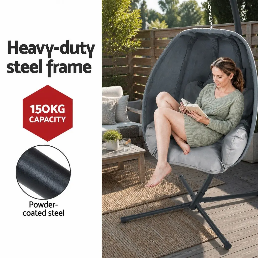 Hanging Egg Pod Chair Outdoor Patio Swing Furniture Foldable Canopy Stand Grey