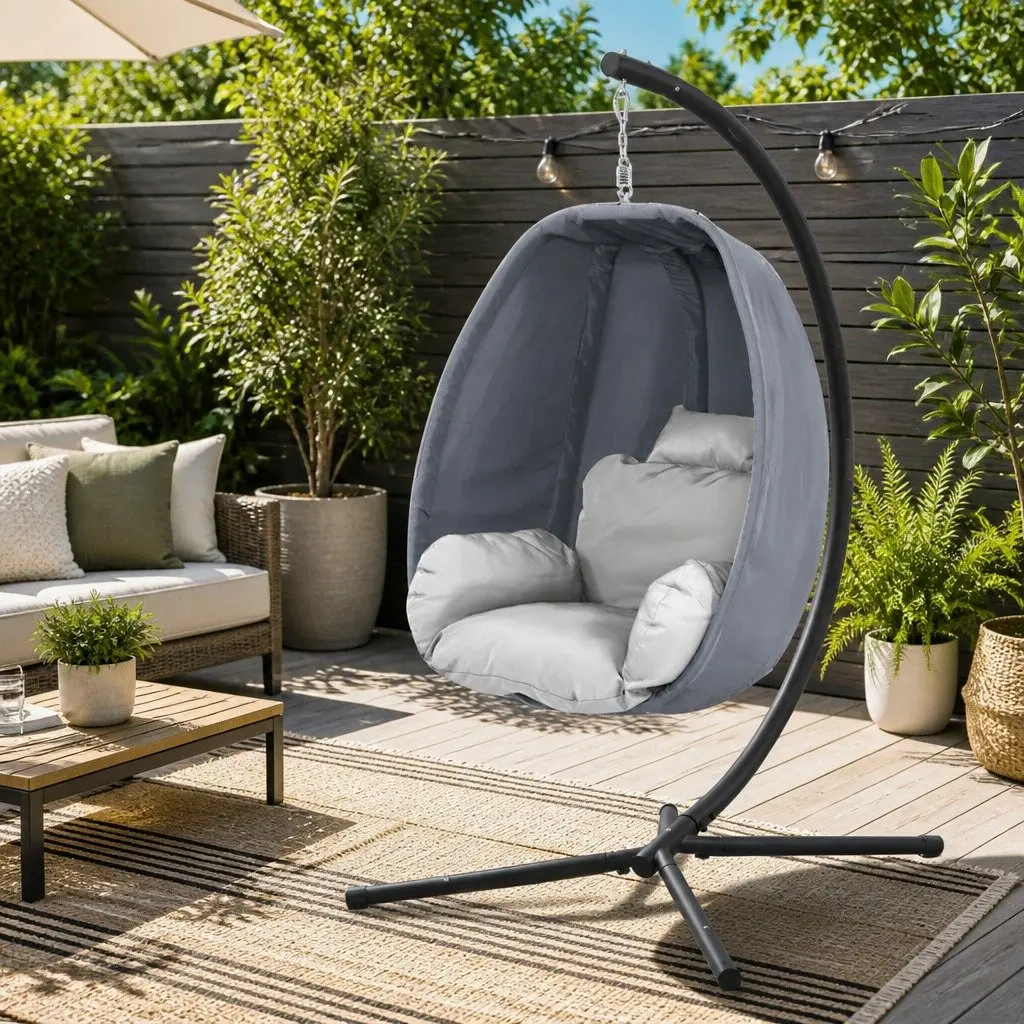 Hanging Egg Pod Chair Outdoor Patio Swing Furniture Foldable Canopy Stand Grey
