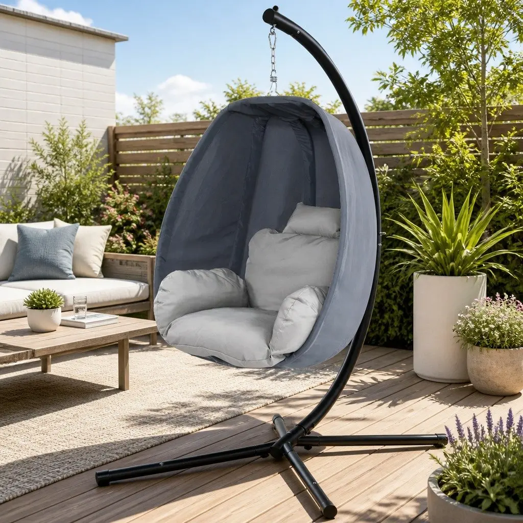 Hanging Egg Pod Chair Outdoor Patio Swing Furniture Foldable Canopy Stand Grey