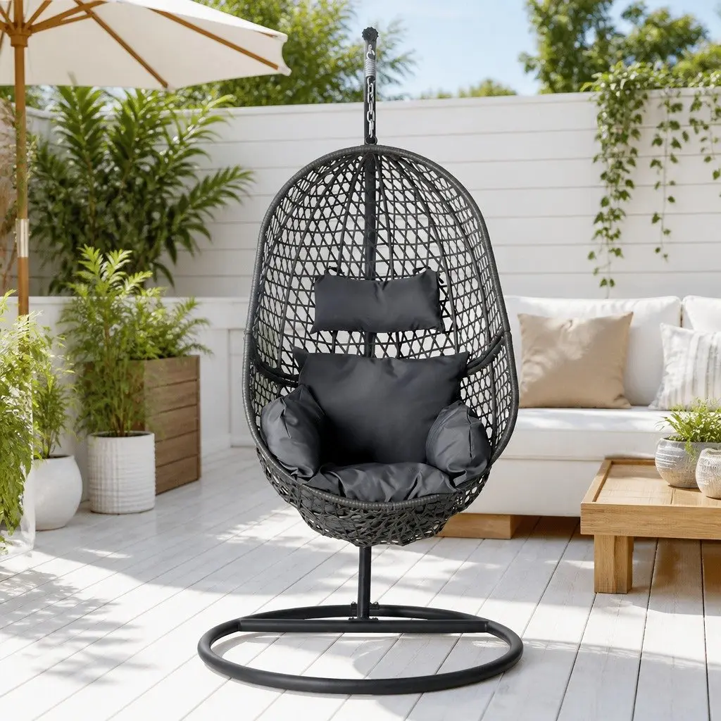 Outdoor Swing Chair with Stand Rattan Pod Seat Black Cushion 360 Degree Rotatable