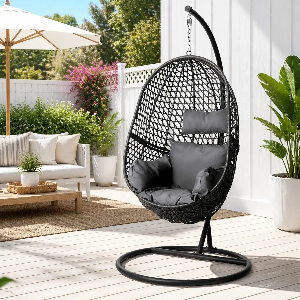 Outdoor Swing Chair with Stand Rattan Pod Seat Black Cushion 360 Degree Rotatable