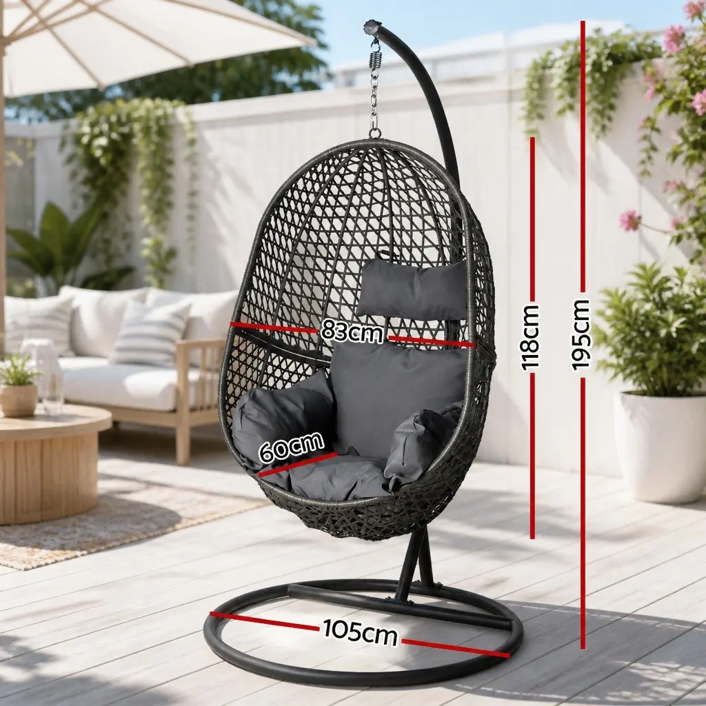 Outdoor Swing Chair with Stand Rattan Pod Seat Black Cushion 360 Degree Rotatable