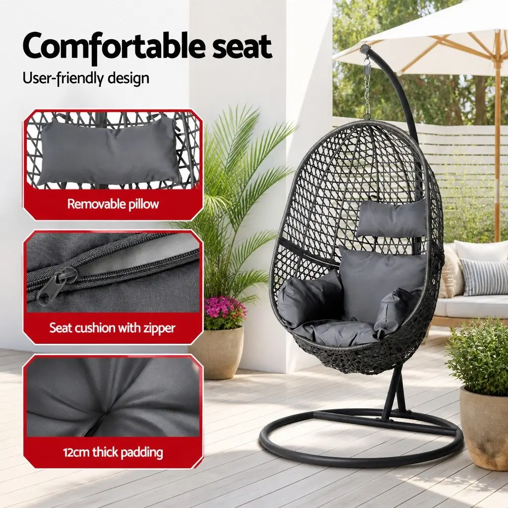 Outdoor Swing Chair with Stand Rattan Pod Seat Black Cushion 360 Degree Rotatable