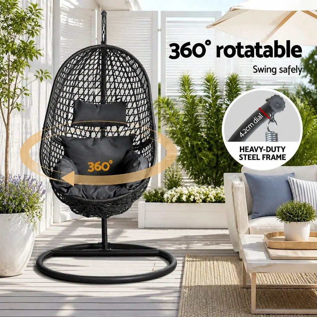 Outdoor Swing Chair with Stand Rattan Pod Seat Black Cushion 360 Degree Rotatable