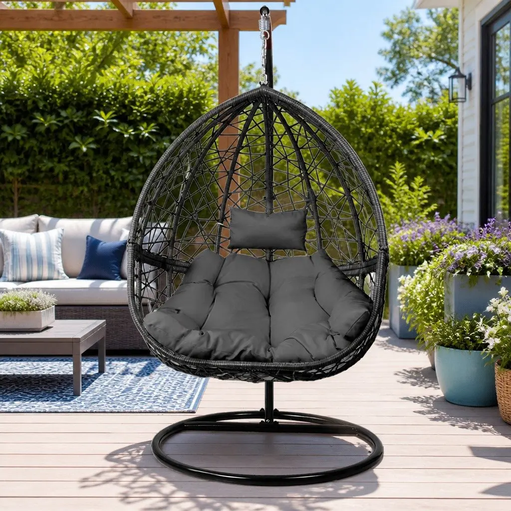 Hanging Egg Chair Outdoor Wicker Rattan 360° Rotatable with Stand Grey