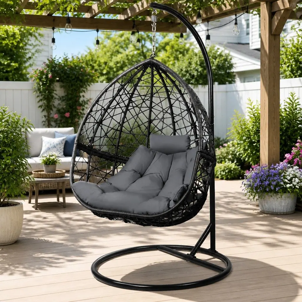 Hanging Egg Chair Outdoor Wicker Rattan 360° Rotatable with Stand Grey