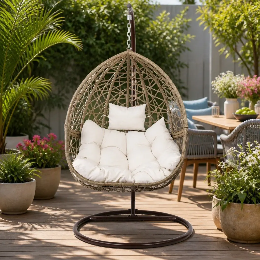 Hanging Egg Chair Outdoor Wicker Pod Swing with Cushion Latte