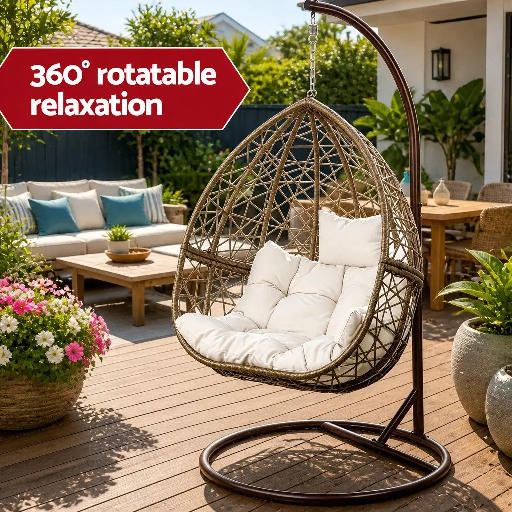 Hanging Egg Chair Outdoor Wicker Pod Swing with Cushion Latte