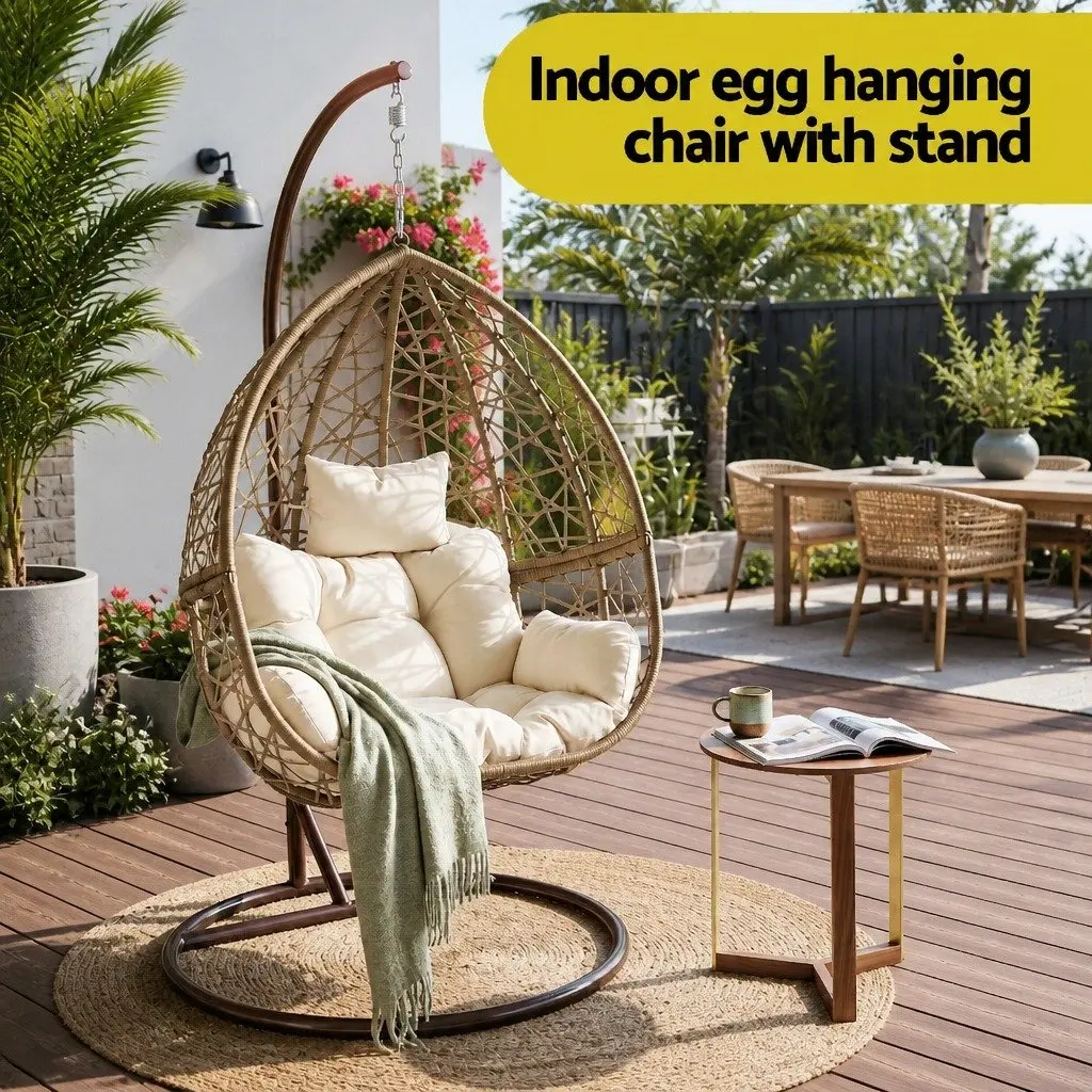 Hanging Egg Chair Outdoor Wicker Pod Swing with Cushion Latte