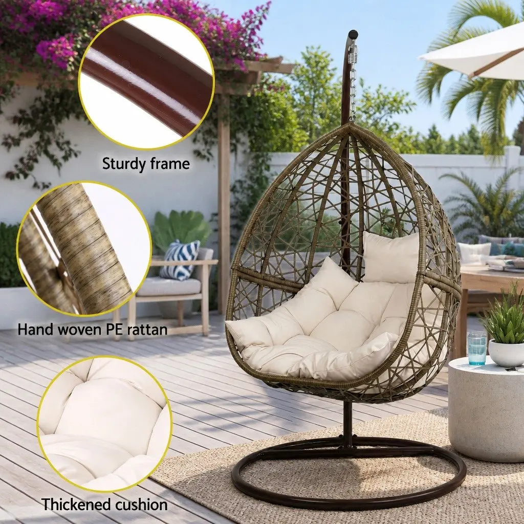 Hanging Egg Chair Outdoor Wicker Pod Swing with Cushion Latte