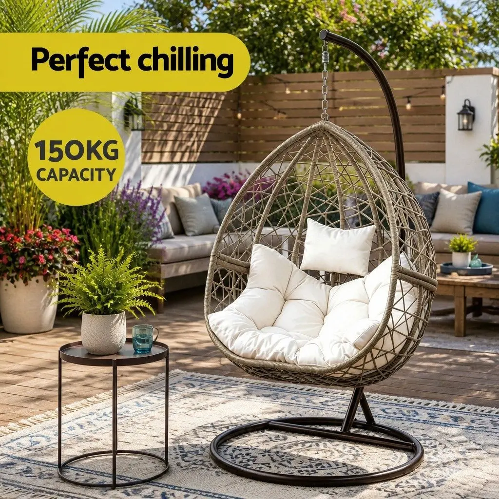 Hanging Egg Chair Outdoor Wicker Pod Swing with Cushion Latte