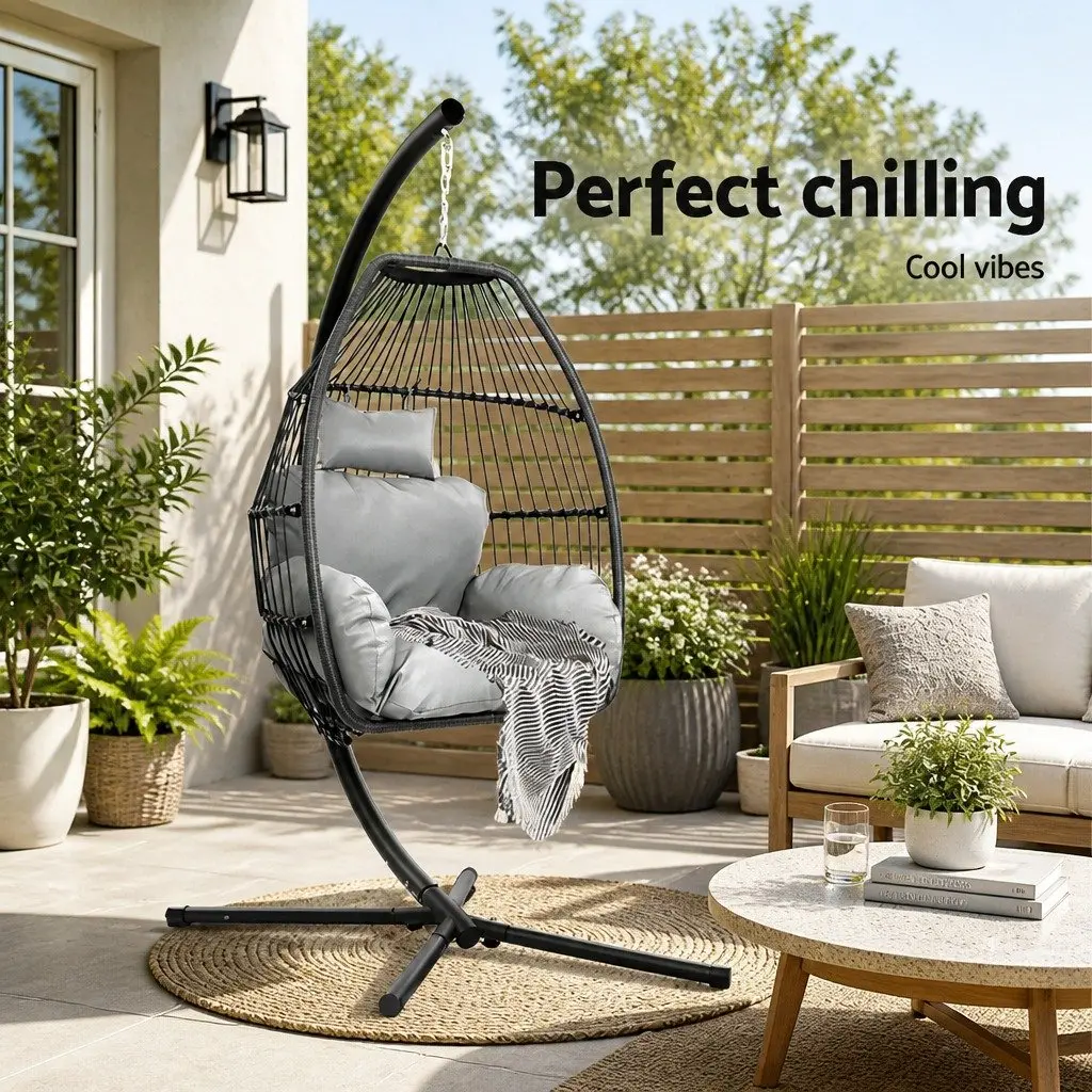 Hanging Egg Swing Chair Wicker Pod Stand Outdoor Furniture Cushion Grey