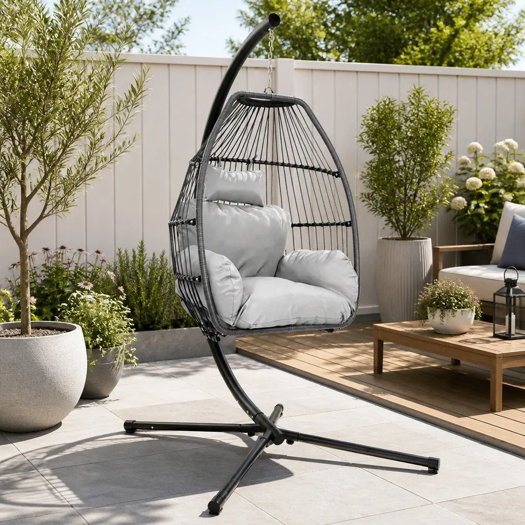 Hanging Egg Swing Chair Wicker Pod Stand Outdoor Furniture Cushion Grey