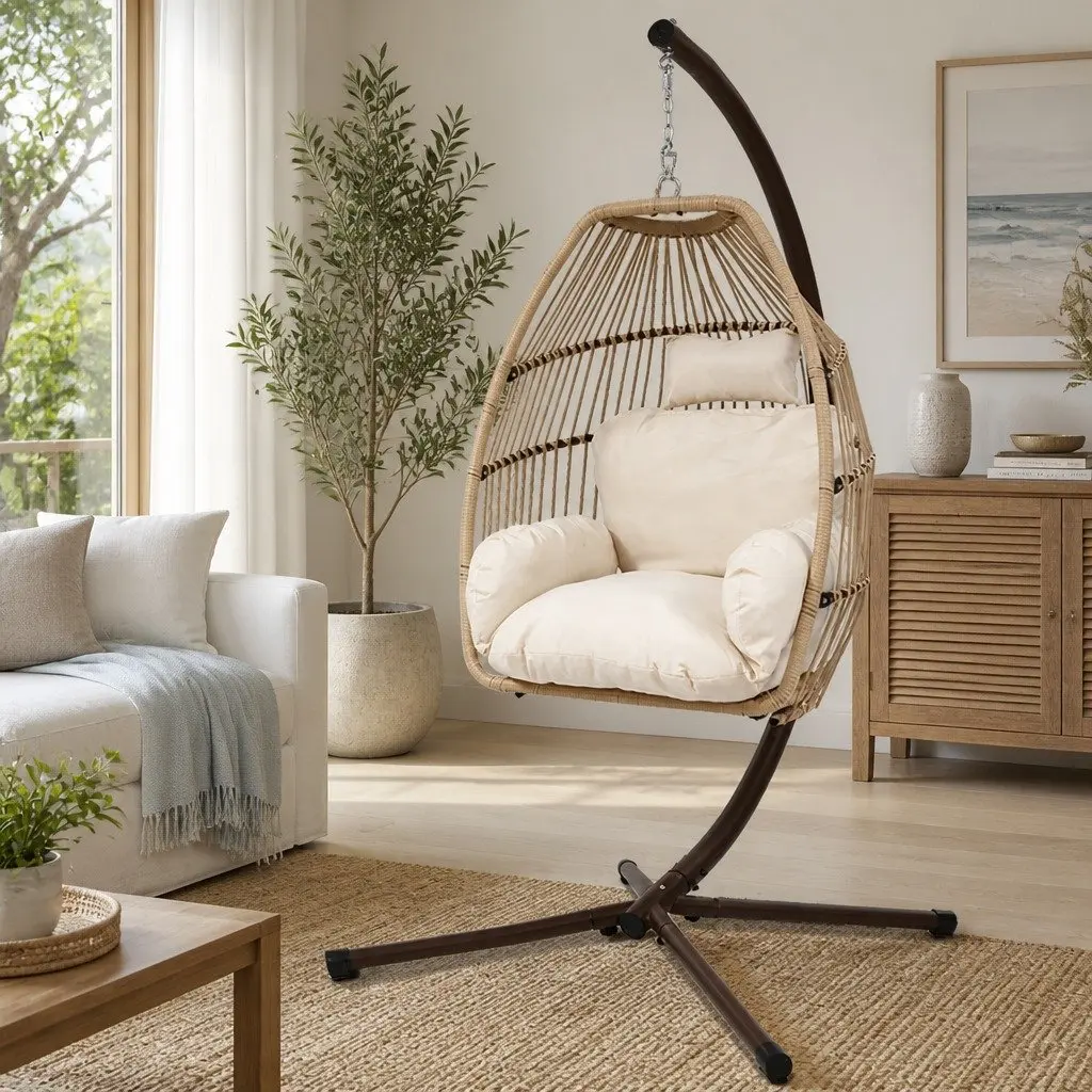 Outdoor Hanging Egg Chair Pod Wicker Rope Stand 360° Rotating with Removable Cushion