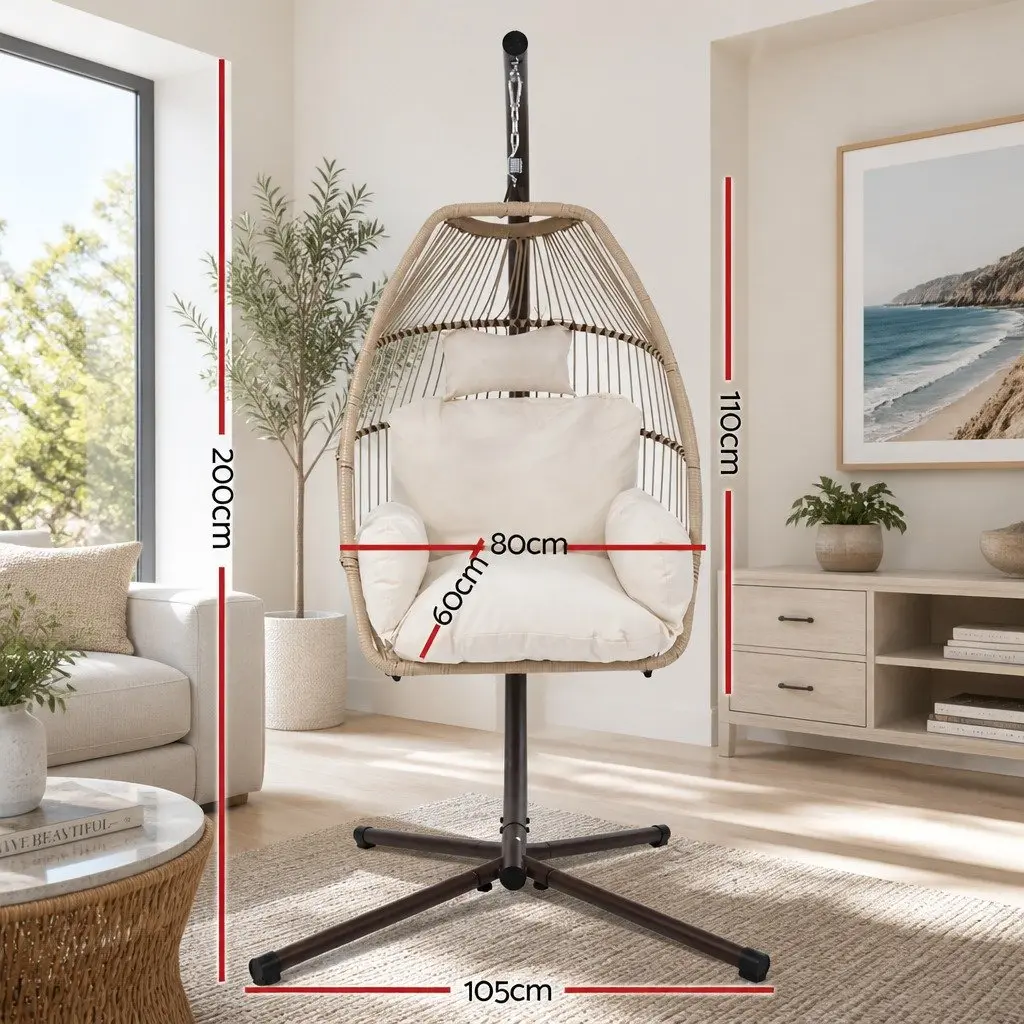 Outdoor Hanging Egg Chair Pod Wicker Rope Stand 360° Rotating with Removable Cushion
