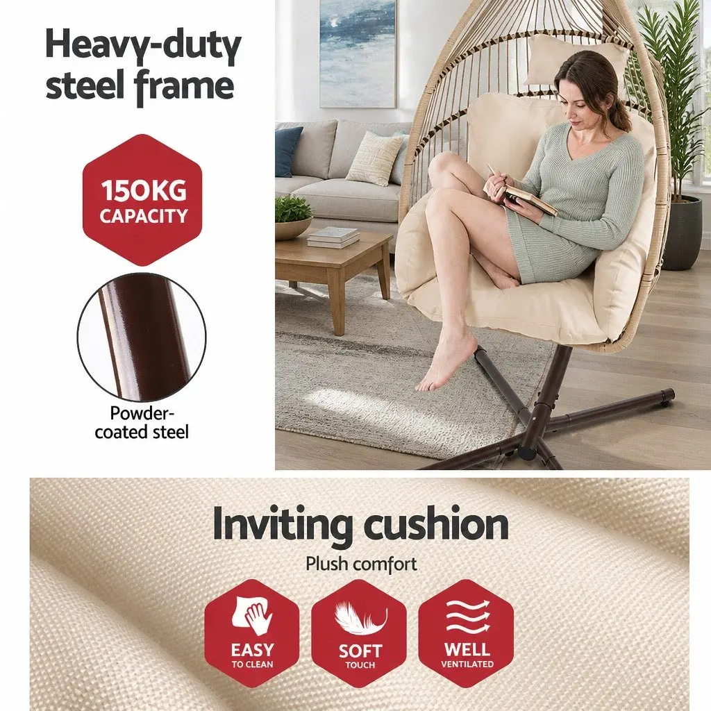 Outdoor Hanging Egg Chair Pod Wicker Rope Stand 360° Rotating with Removable Cushion