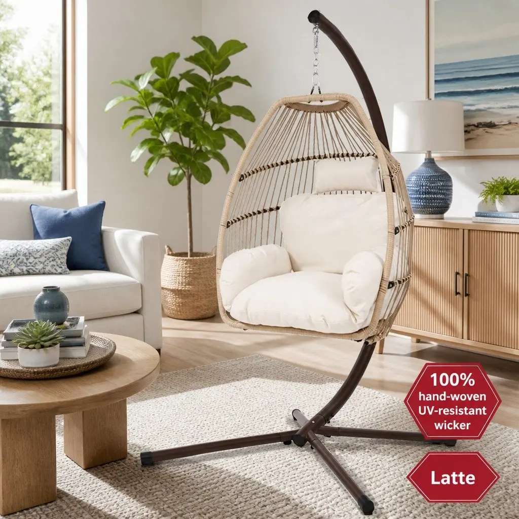Outdoor Hanging Egg Chair Pod Wicker Rope Stand 360° Rotating with Removable Cushion