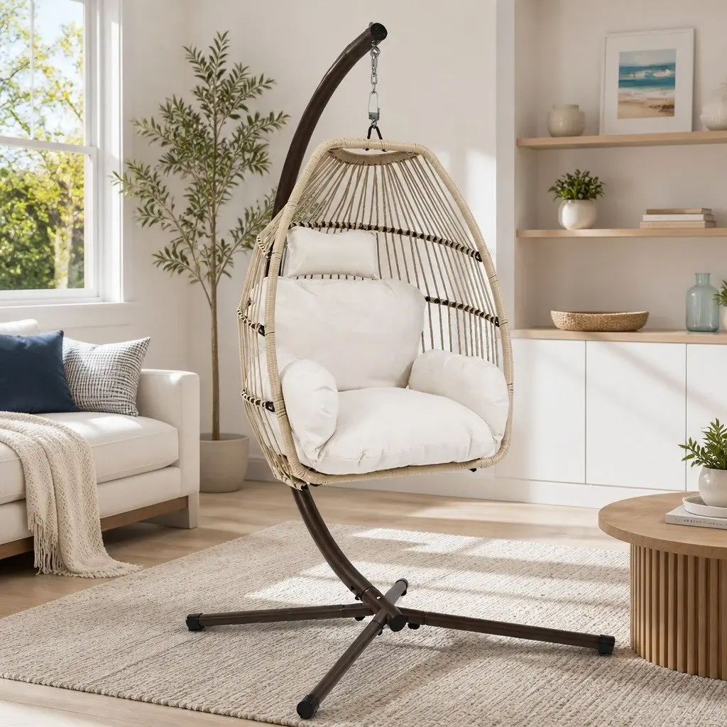 Outdoor Hanging Egg Chair Pod Wicker Rope Stand 360° Rotating with Removable Cushion