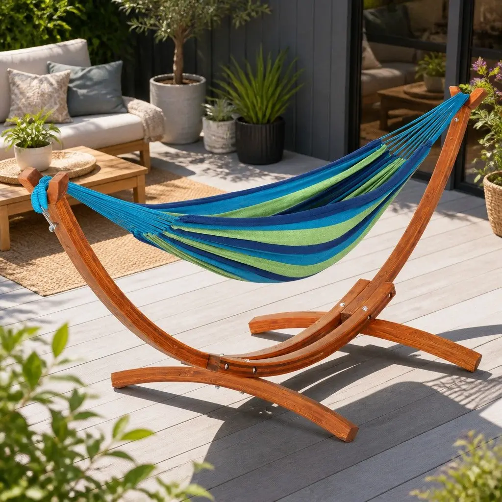 Hammock Bed Wooden Stand Outdoor Relaxation 2-Person 330cm x 138cm