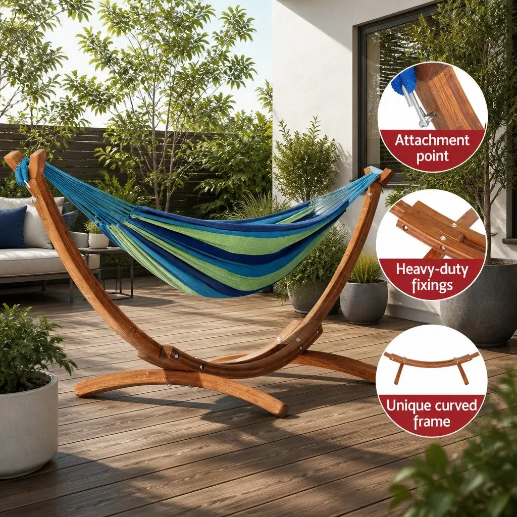 Hammock Bed Wooden Stand Outdoor Relaxation 2-Person 330cm x 138cm