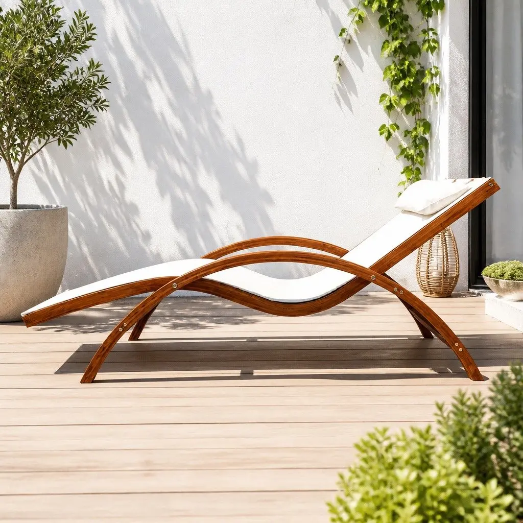 Outdoor Sun Lounge Curved Larch Wooden Frame Textilene Mesh Seat Cream