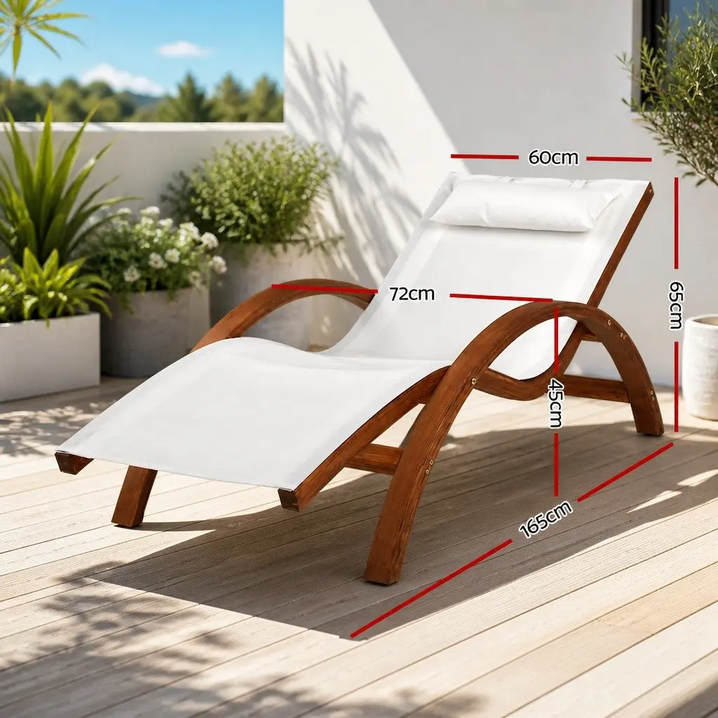 Outdoor Sun Lounge Curved Larch Wooden Frame Textilene Mesh Seat Cream