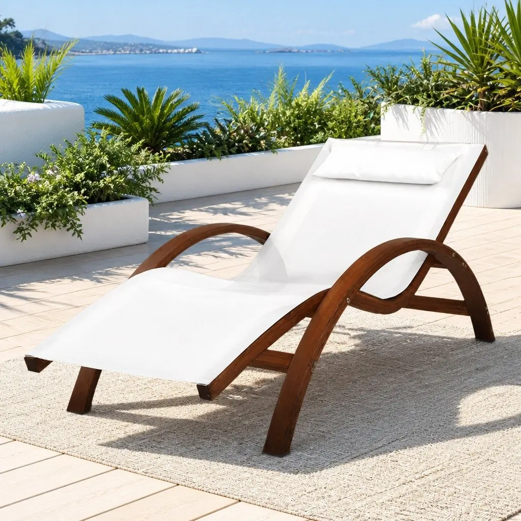 Outdoor Sun Lounge Curved Larch Wooden Frame Textilene Mesh Seat Cream