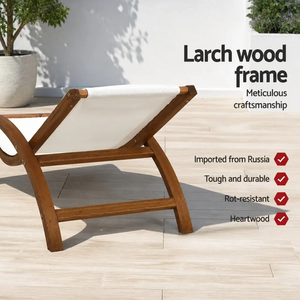 Outdoor Sun Lounge Curved Larch Wooden Frame Textilene Mesh Seat Cream