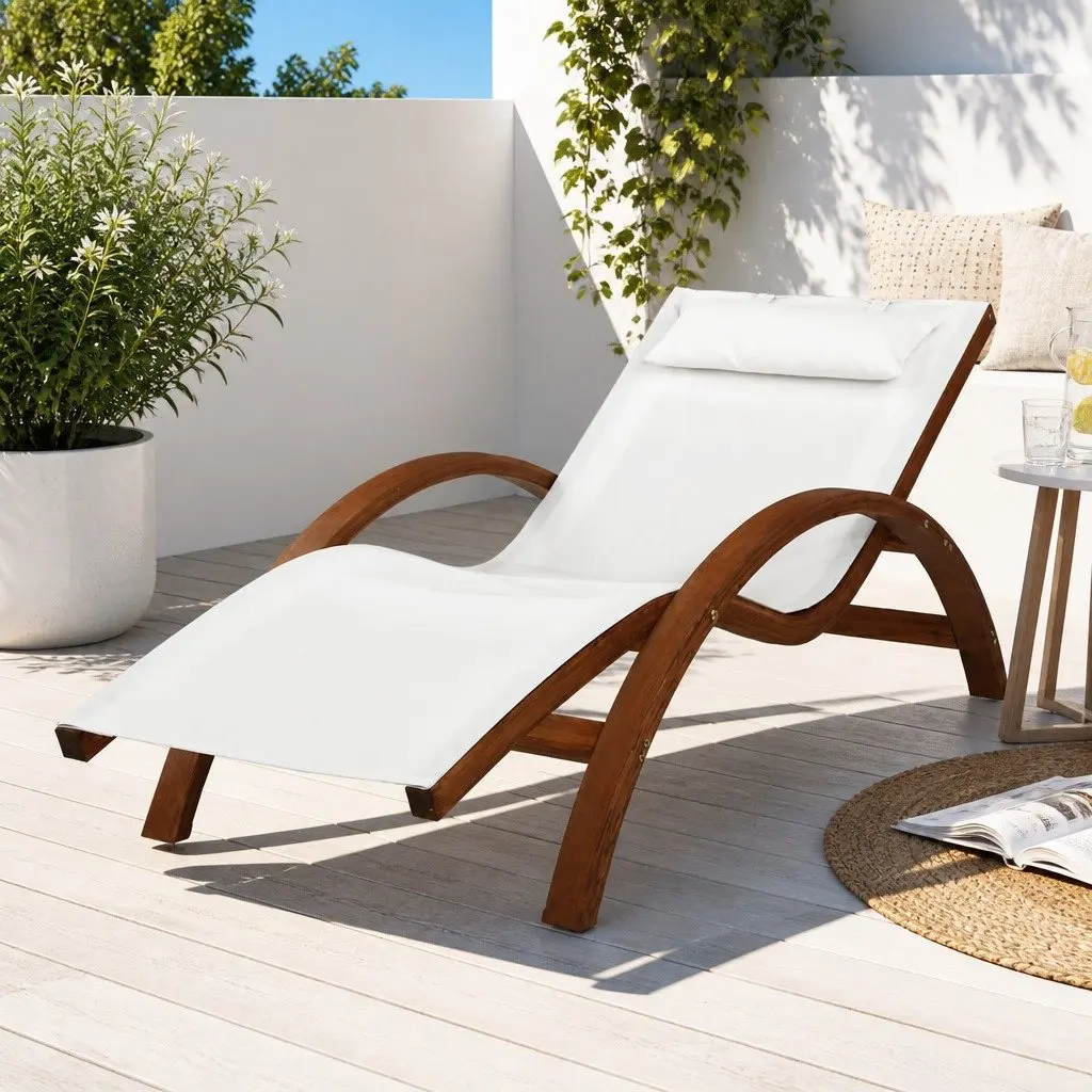 Outdoor Sun Lounge Curved Larch Wooden Frame Textilene Mesh Seat Cream