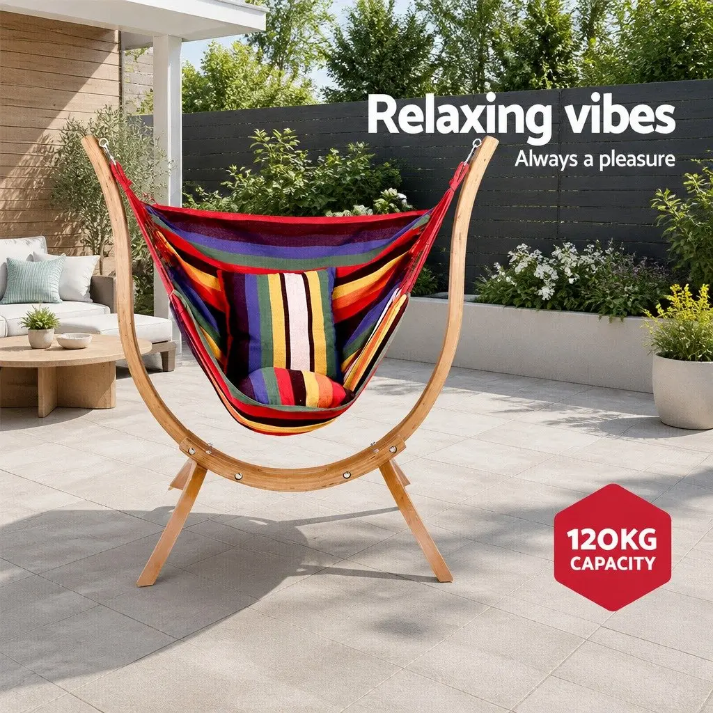 Hammock Chair Outdoor Indoor Relaxation Furniture Curved Wooden Frame Rainbow