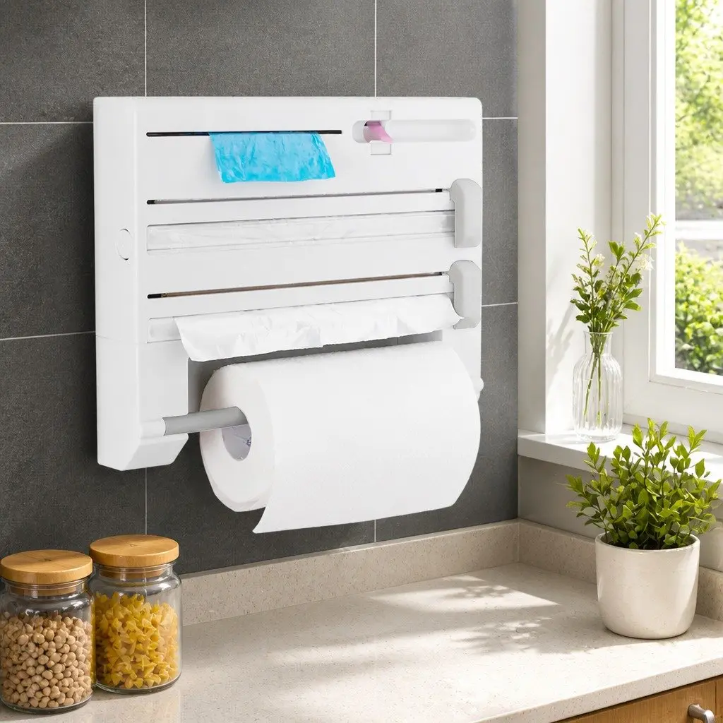 Wall Mounted Kitchen Rack Paper Towel Holder Foil Plastic Wrap Dispenser