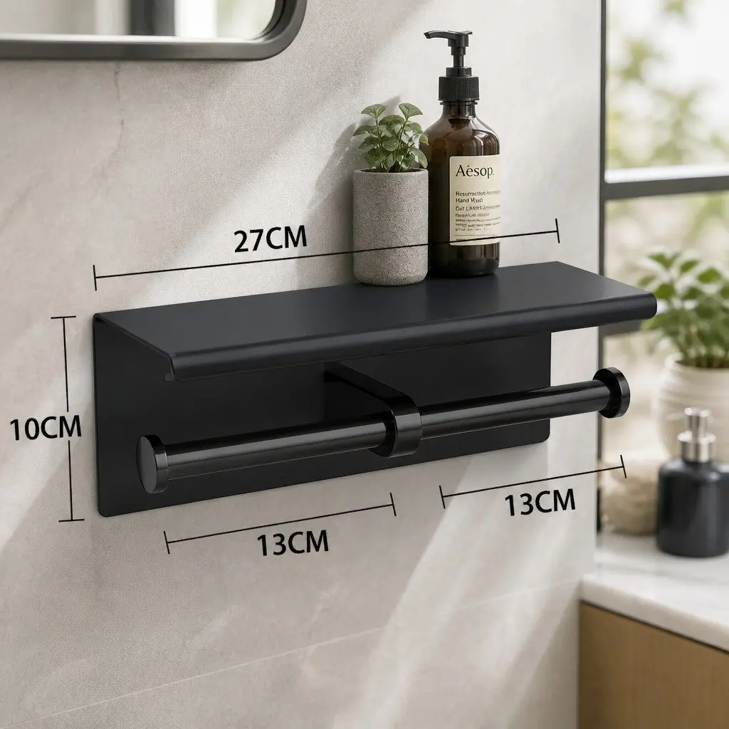 Toilet Paper Holder Wall Mount Stainless Steel Black 26cm L x 11.5cm W x 11.5cm H