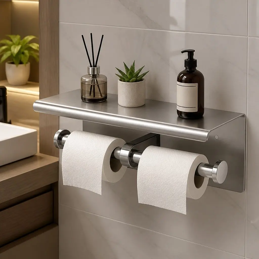 Toilet Paper Holder Double Roll Wall Mount Stainless Steel 26cm L x 11.5cm W x 11.5cm H