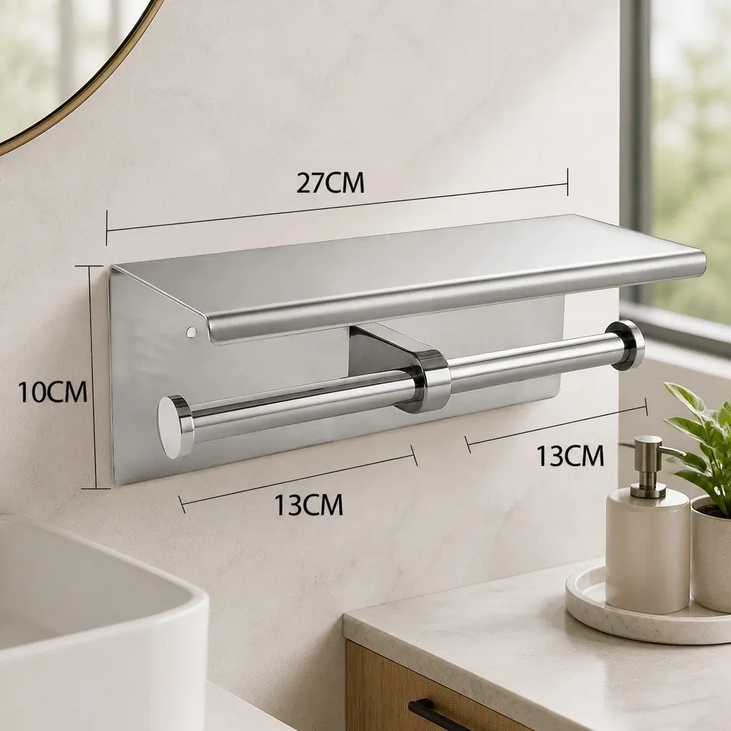 Toilet Paper Holder Double Roll Wall Mount Stainless Steel 26cm L x 11.5cm W x 11.5cm H