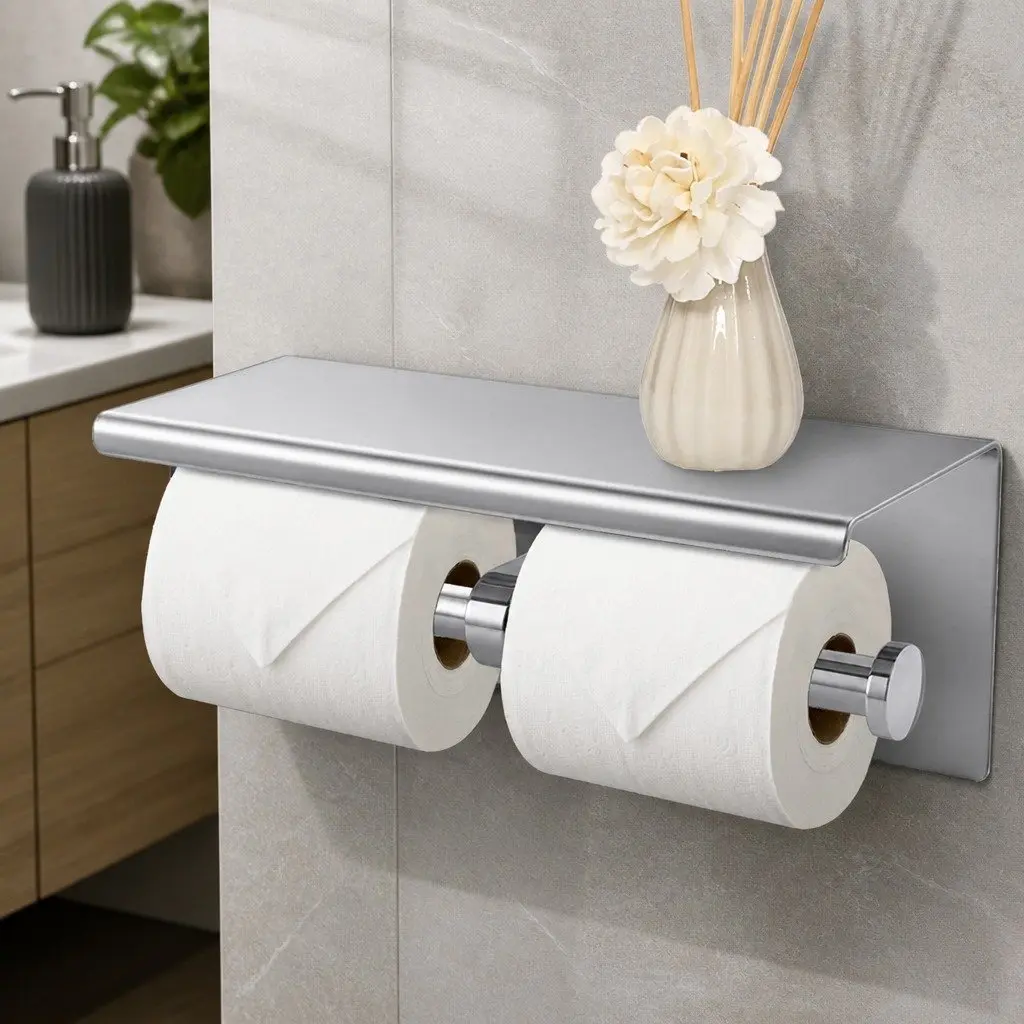 Toilet Paper Holder Double Roll Wall Mount Stainless Steel 26cm L x 11.5cm W x 11.5cm H