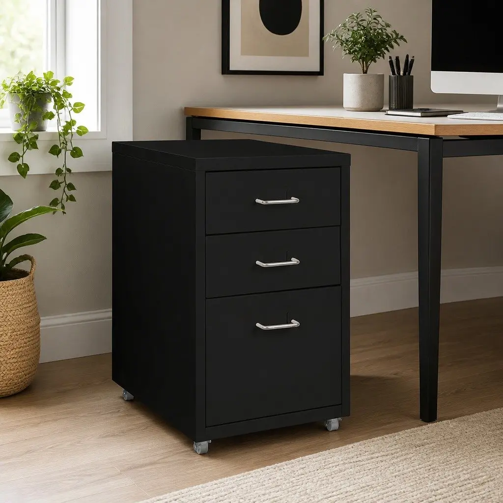 3 Drawer Filing Cabinet Steel Compact Workspace Organizer Black