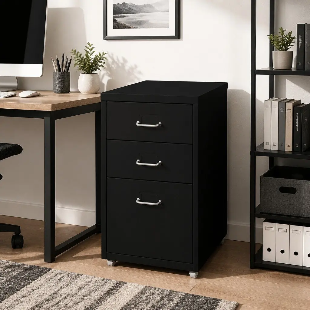 3 Drawer Filing Cabinet Steel Compact Workspace Organizer Black