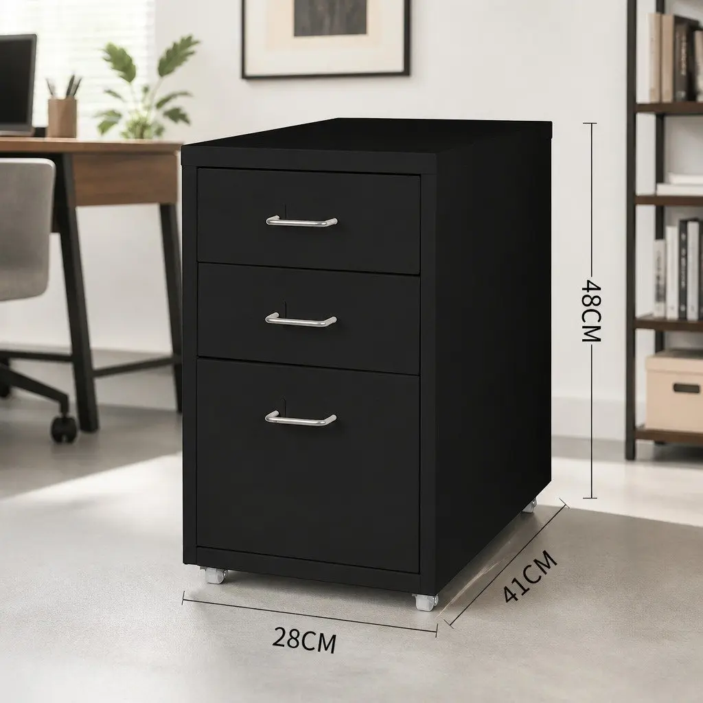 3 Drawer Filing Cabinet Steel Compact Workspace Organizer Black