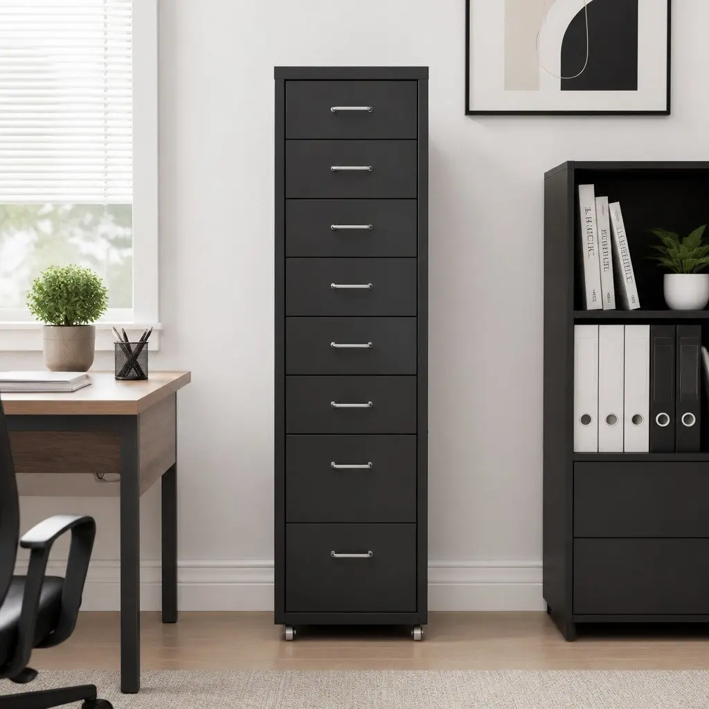 8 Drawer Filing Cabinet Compact Steel Black