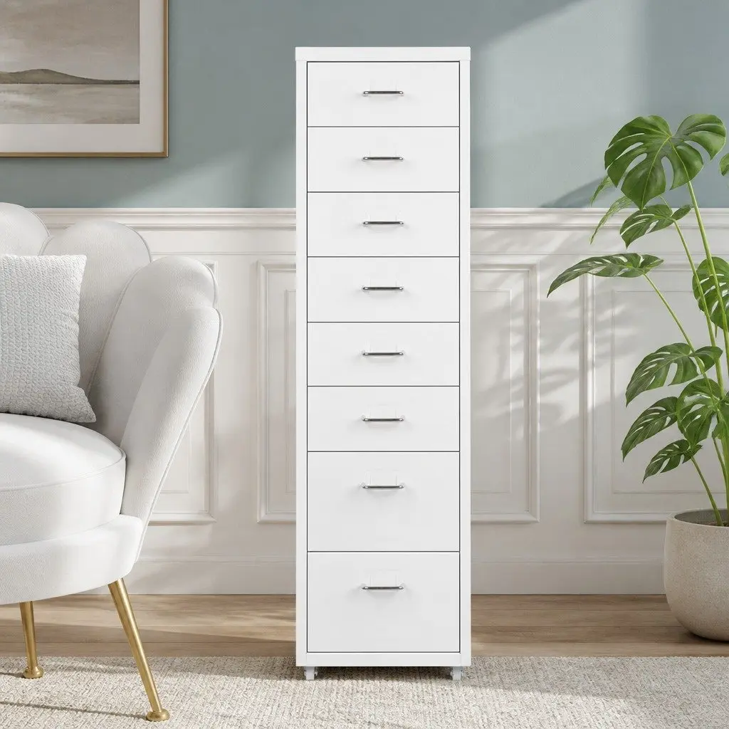 Office Filing Cabinet 8 Drawer White Steel Storage Organizer Home Desk Furniture