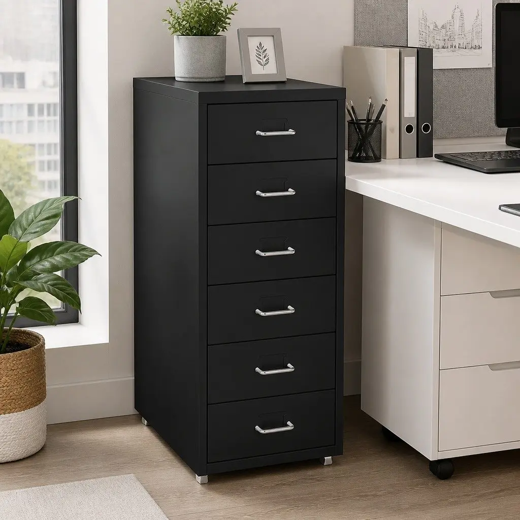 6 Drawer Filing Cabinet Steel Office Storage Organizer Compact Black