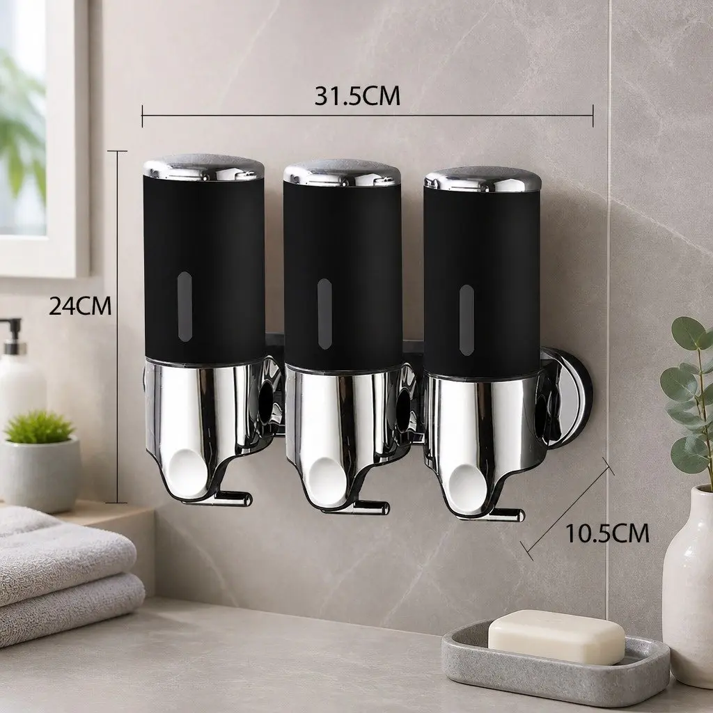 Wall Mounted Soap Dispenser 3 Bottles Bathroom Kitchen Shower Dispenser Black