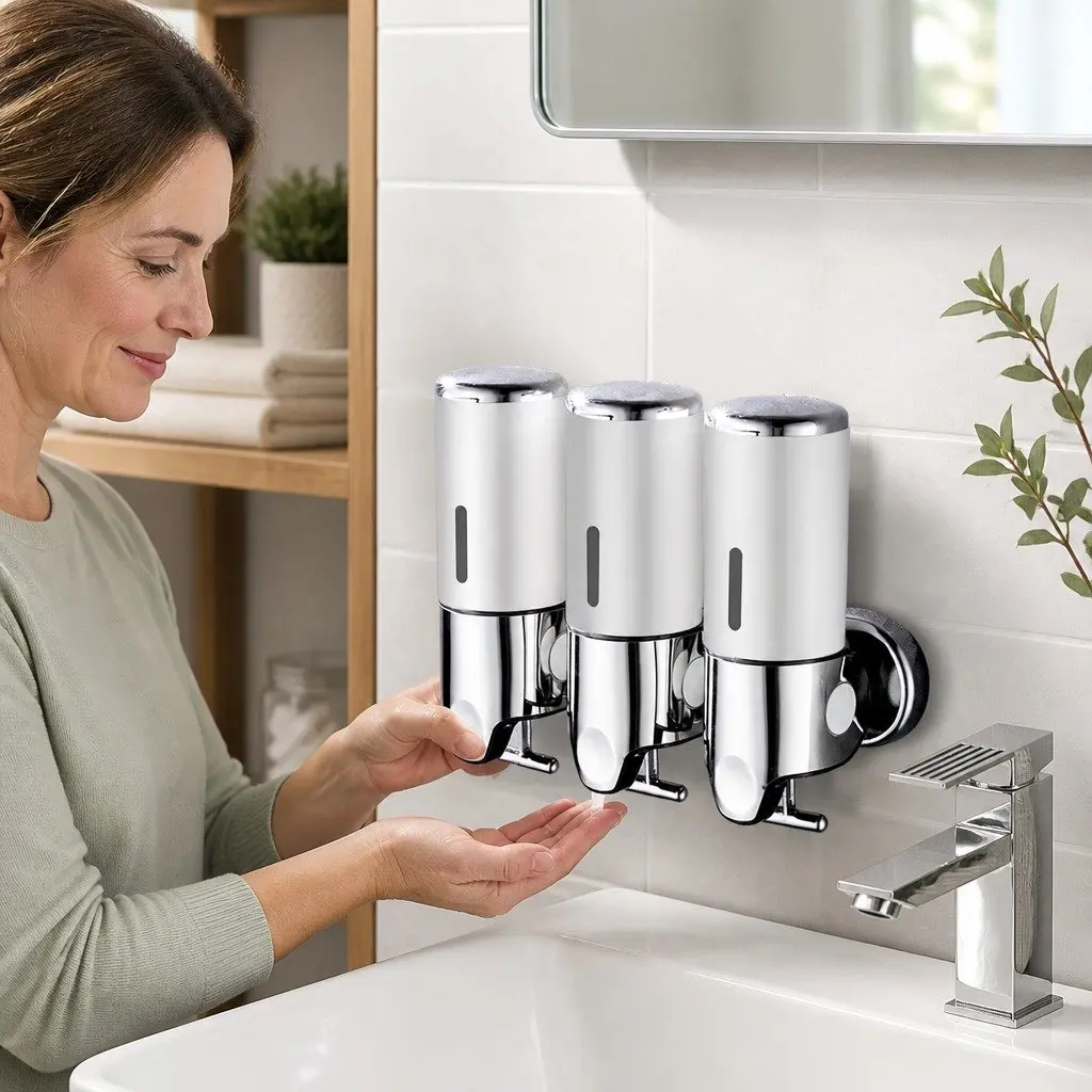 Wall Mounted Soap Dispenser 3 Bottles Bathroom Kitchen Shower Dispenser Silver