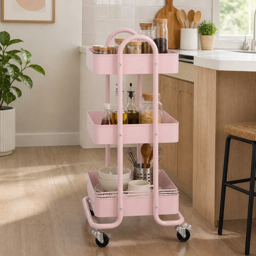 3-Tier Kitchen Trolley Cart Storage Organiser Mobile Wheels Compact Portable
