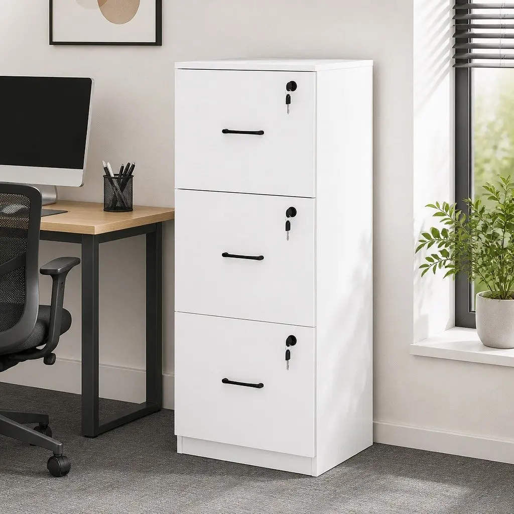 File Cabinet 3 Drawer Filing Storage Lockable Office Home Organizer White Modern
